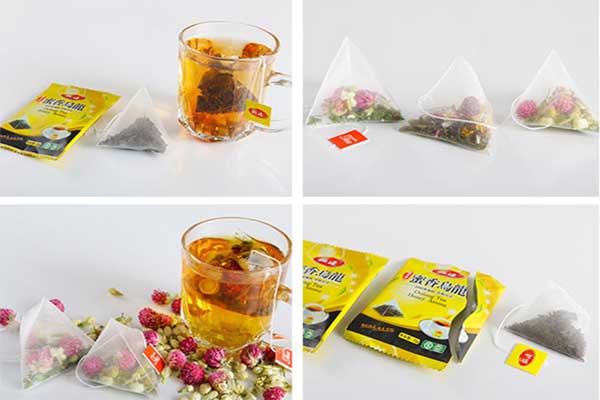 内外袋茶叶包装机可采用复合膜、过滤纸、无纺布等薄膜制袋